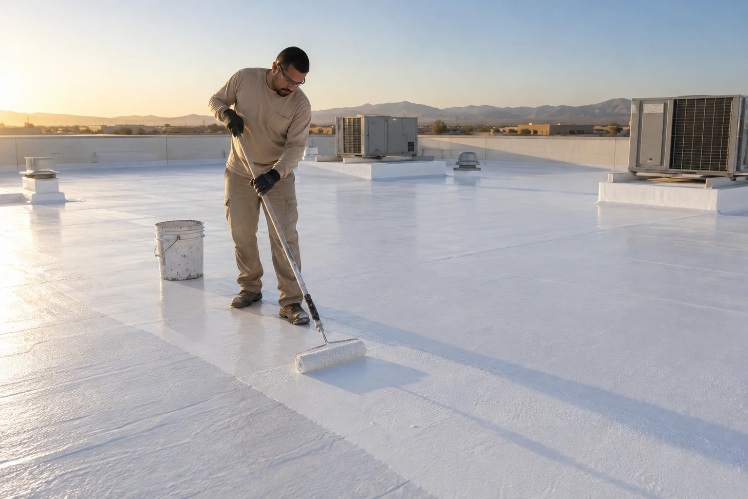 Roofer applying white coating across a commercial roof with a long-handled roller
