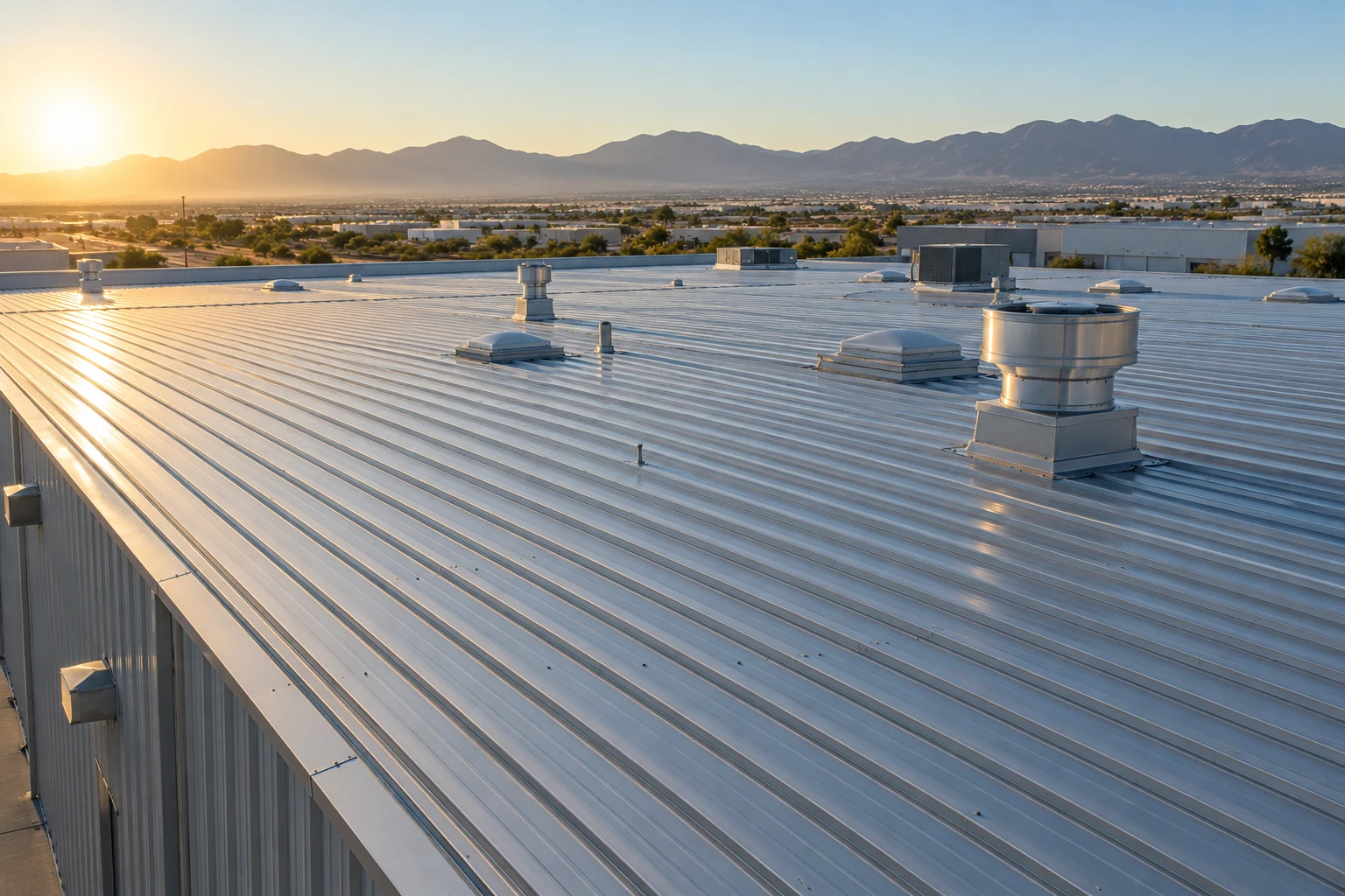 Metal roofing across a commercial warehouse